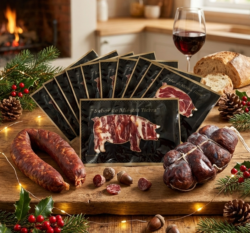 Pack especial Navidad - 15 sobres de Jamón Ibérico de Cebo, Chorizo, Patatera, Morcón y Bellotas de Fuet Ibérico